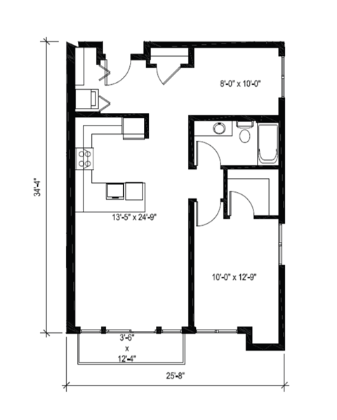 Floor plan for 1 bed, 1 bath, 862 sqft